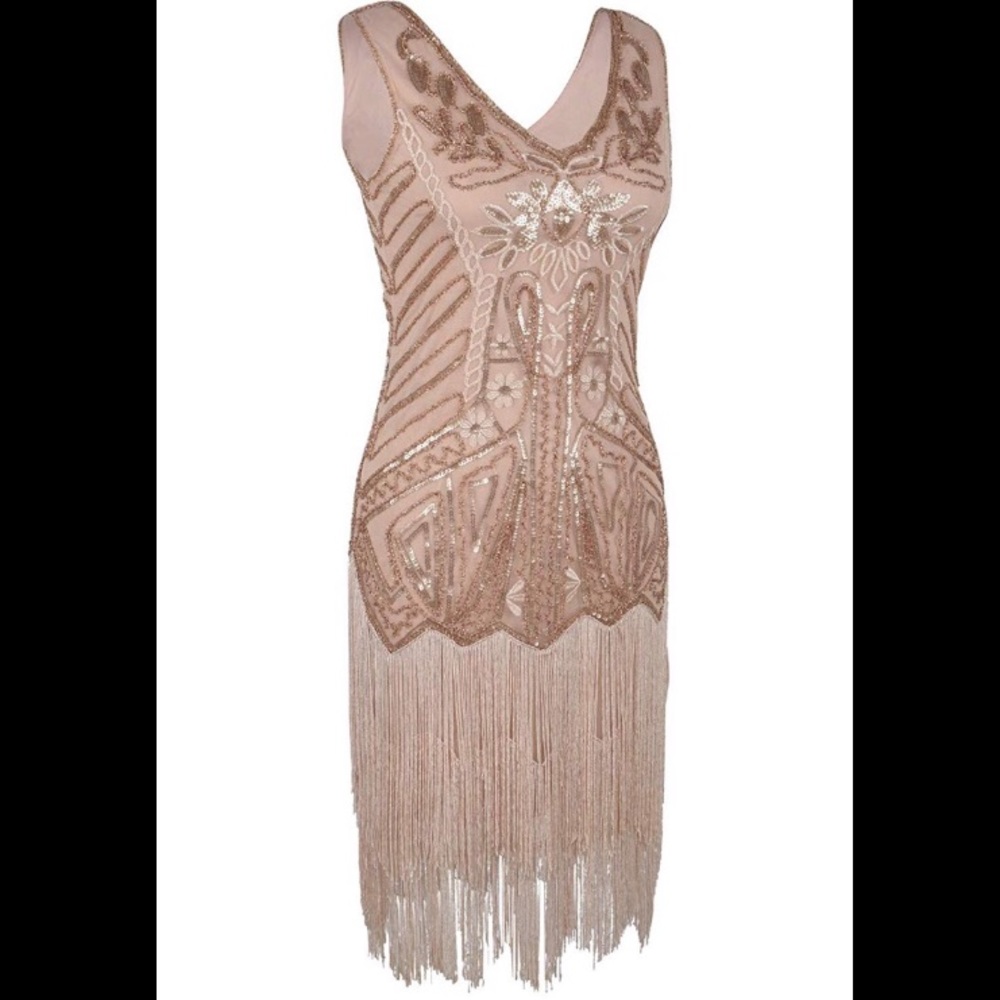 Rose gold flapper dress WITH DIAMOND DROP EARRINGS